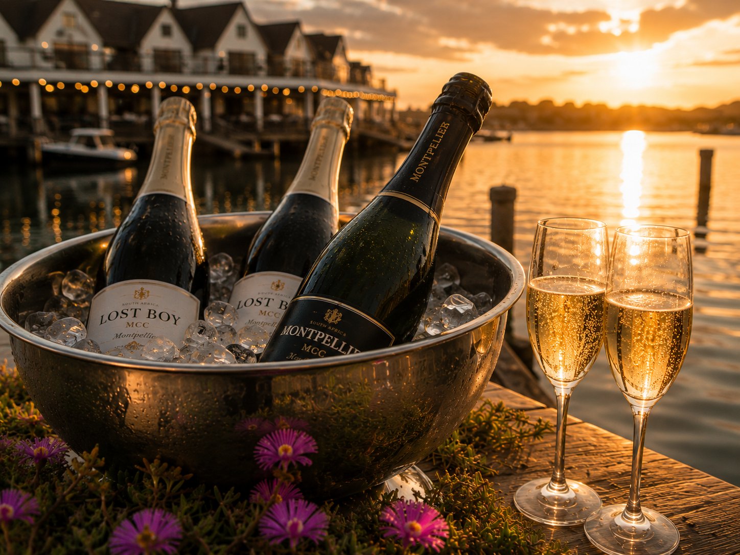 MCC bottles on ice and champagne glasses at golden hour on the St Francis Bay waterfront